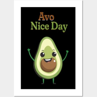 Cheerful Avocado Holding 'Avo Nice Day' Posters and Art